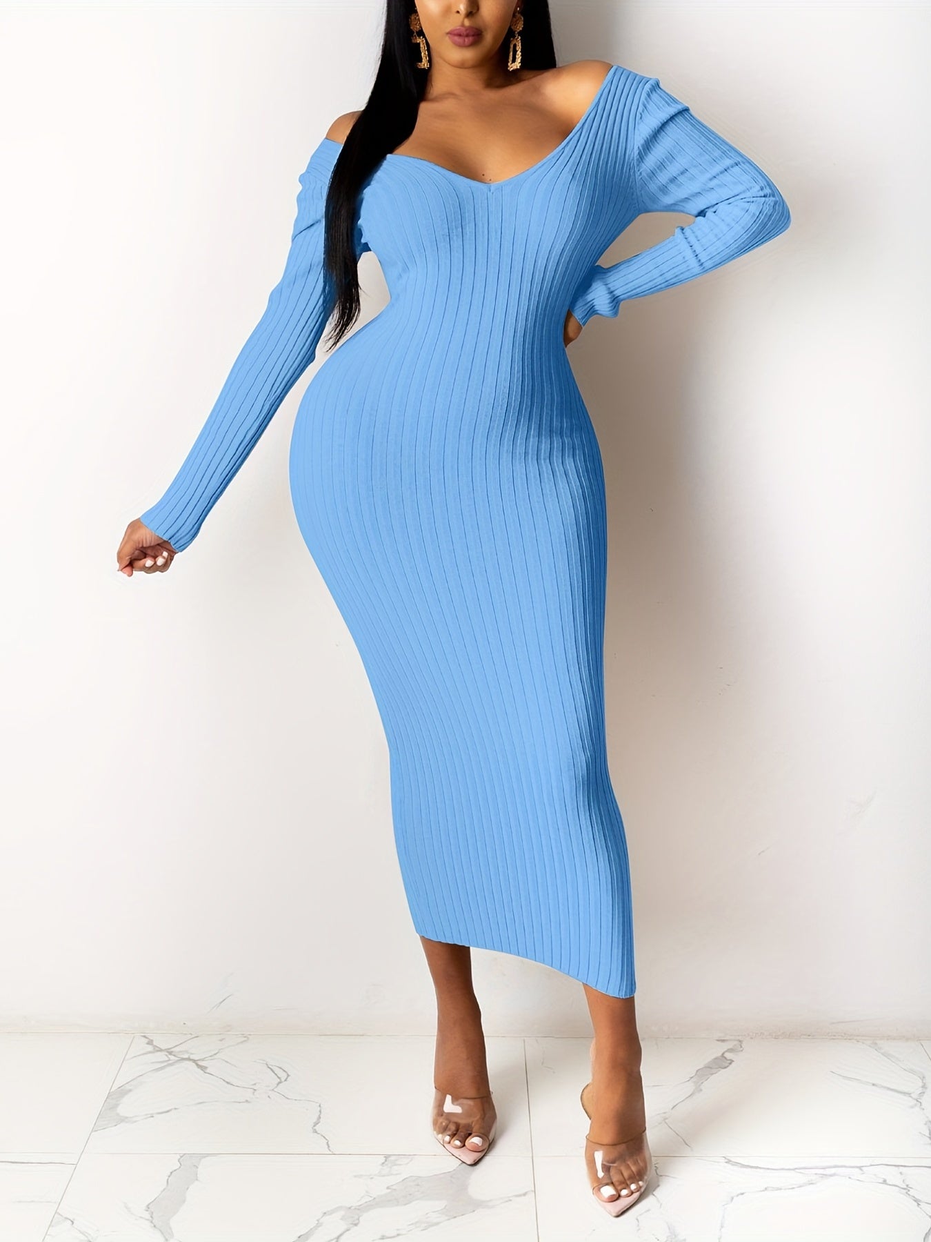 Off Shoulder Bodycon Dress, Elegant Backless Long Sleeve Dress, Women's Clothing