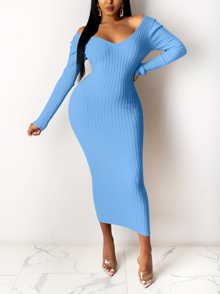 Off Shoulder Bodycon Dress, Elegant Backless Long Sleeve Dress, Women's Clothing