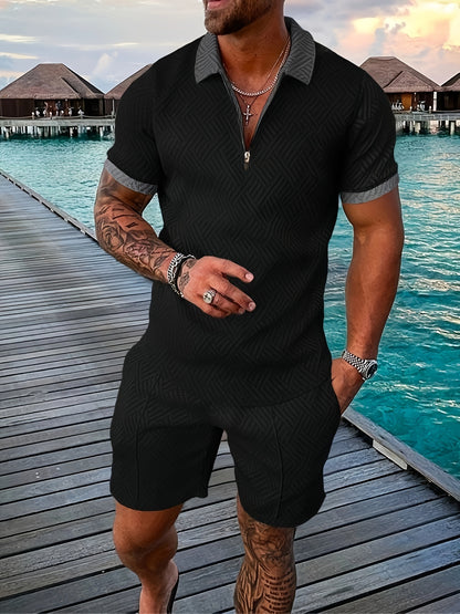 2Pcs Outfits For Men, Casual Short Sleeve Lapel Shirt And Drawstring Shorts Set For Summer, Men's Clothing For Vacation Workout