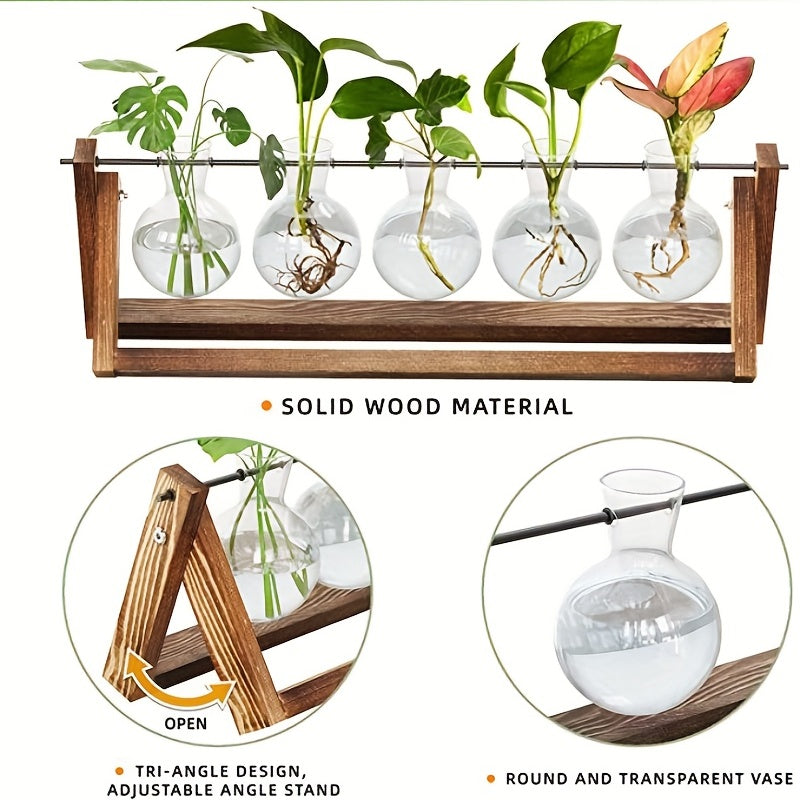 1pc, 5 Bulb Vase Plant Glass Container, With Wooden Frame, Indoor Living Hydroponic Plant Office Garden Planter