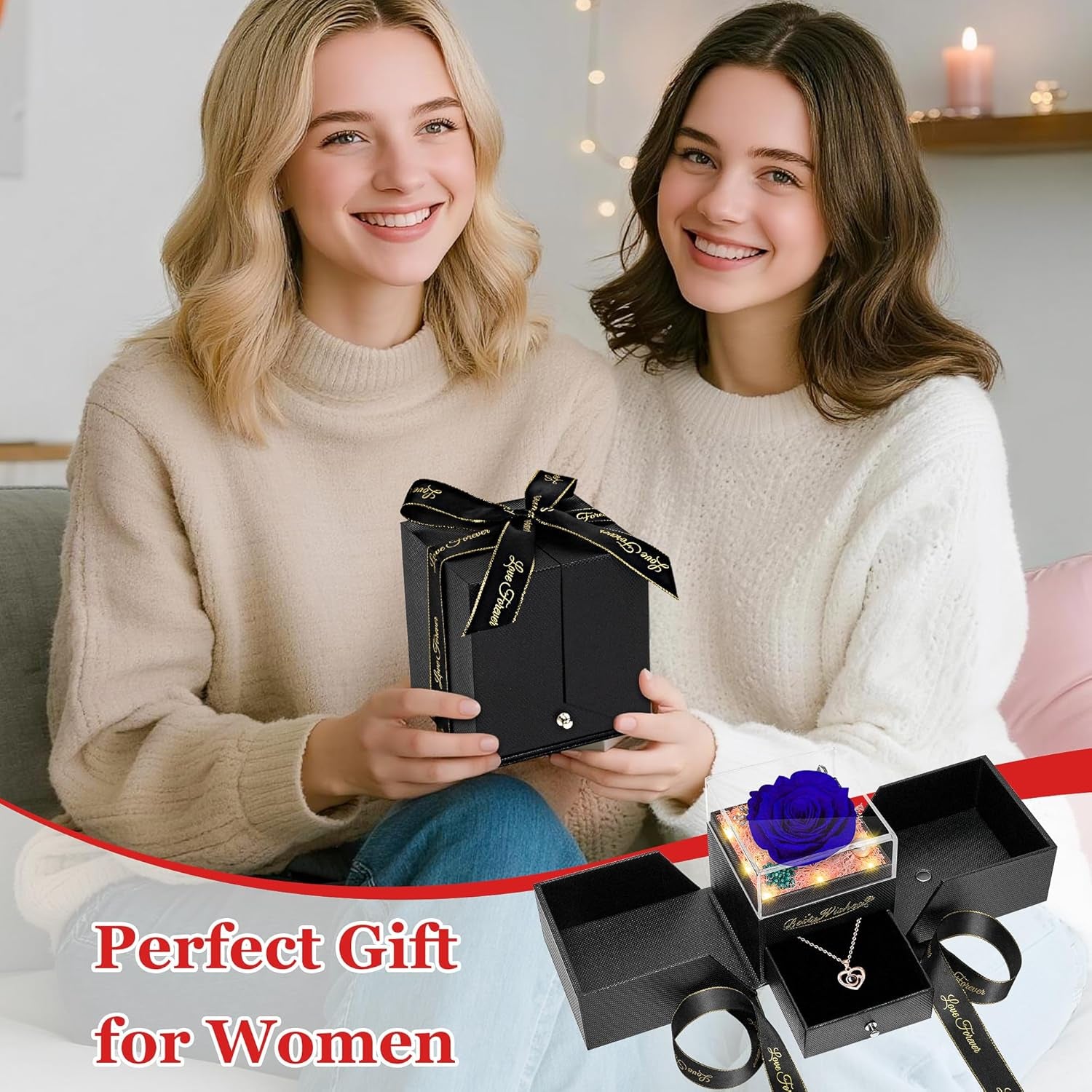 Light up Preserved Blue Rose Flower with Necklace,Birthday Gifts for Women,Christmas Rose Gifts for Her Mom Wife Grandma,Real Flower Mom Present for Women Christmas,Anniversary,Valentines