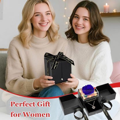 Light up Preserved Blue Rose Flower with Necklace,Birthday Gifts for Women,Christmas Rose Gifts for Her Mom Wife Grandma,Real Flower Mom Present for Women Christmas,Anniversary,Valentines