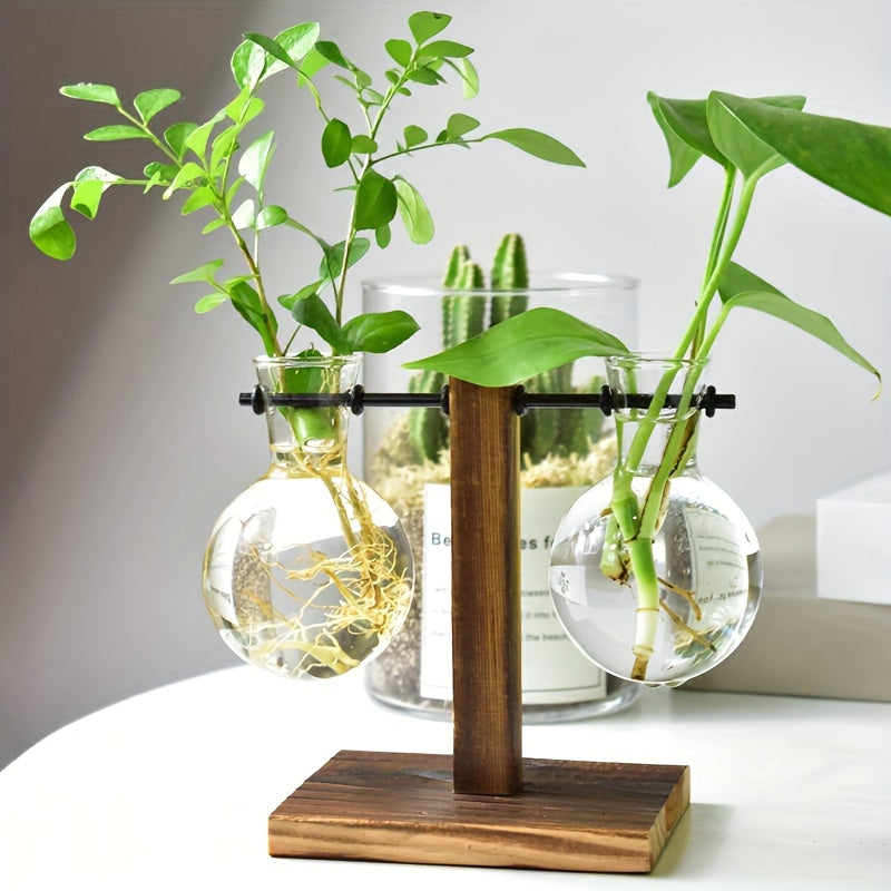 1/2/4pcs Hydroponic Glass Vase, Vintage Desktop Plant Terrarium Planter Bulb Vase, Water Planting Propagation Vase Planters Hydroponics Plants With Retro Wooden Stand Home Garden