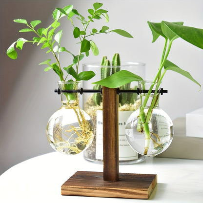 1/2/4pcs Hydroponic Glass Vase, Vintage Desktop Plant Terrarium Planter Bulb Vase, Water Planting Propagation Vase Planters Hydroponics Plants With Retro Wooden Stand Home Garden