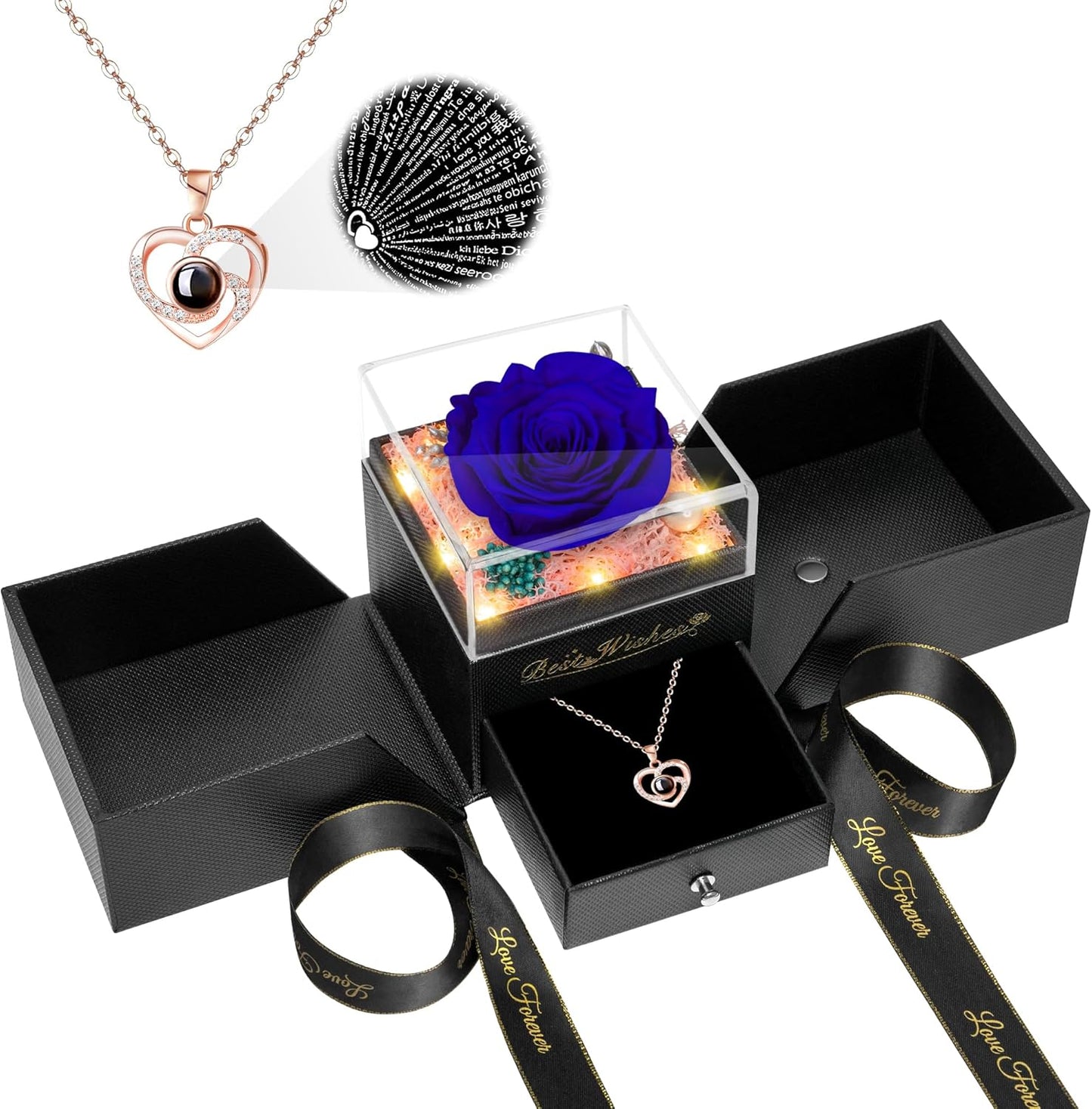 Light up Preserved Blue Rose Flower with Necklace,Birthday Gifts for Women,Christmas Rose Gifts for Her Mom Wife Grandma,Real Flower Mom Present for Women Christmas,Anniversary,Valentines