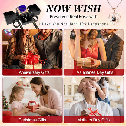 Light up Preserved Blue Rose Flower with Necklace,Birthday Gifts for Women,Christmas Rose Gifts for Her Mom Wife Grandma,Real Flower Mom Present for Women Christmas,Anniversary,Valentines