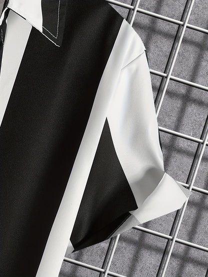 Mens Summer Short Sleeve Striped Shirting Shirt - Square Neck, Button Front, Regular Fit, Non-Stretch Polyester Fabric, Hand Wash or Dry Clean, Perfect for Weekend Casual Street Style