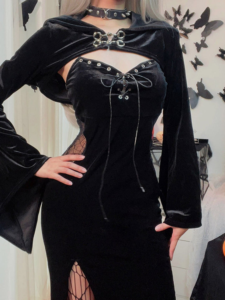 Women's Dresses Halloween Solid Drawstring Party Hooded Trumpet Sleeve Dresses