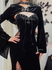 Women's Dresses Halloween Solid Drawstring Party Hooded Trumpet Sleeve Dresses