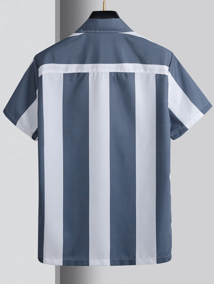 Mens Summer Short Sleeve Striped Shirting Shirt - Square Neck, Button Front, Regular Fit, Non-Stretch Polyester Fabric, Hand Wash or Dry Clean, Perfect for Weekend Casual Street Style