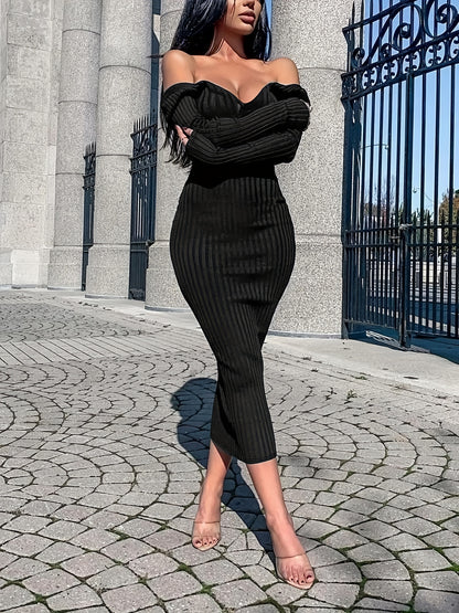 Off Shoulder Bodycon Dress, Elegant Backless Long Sleeve Dress, Women's Clothing