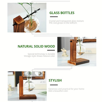1/2/4pcs Hydroponic Glass Vase, Vintage Desktop Plant Terrarium Planter Bulb Vase, Water Planting Propagation Vase Planters Hydroponics Plants With Retro Wooden Stand Home Garden