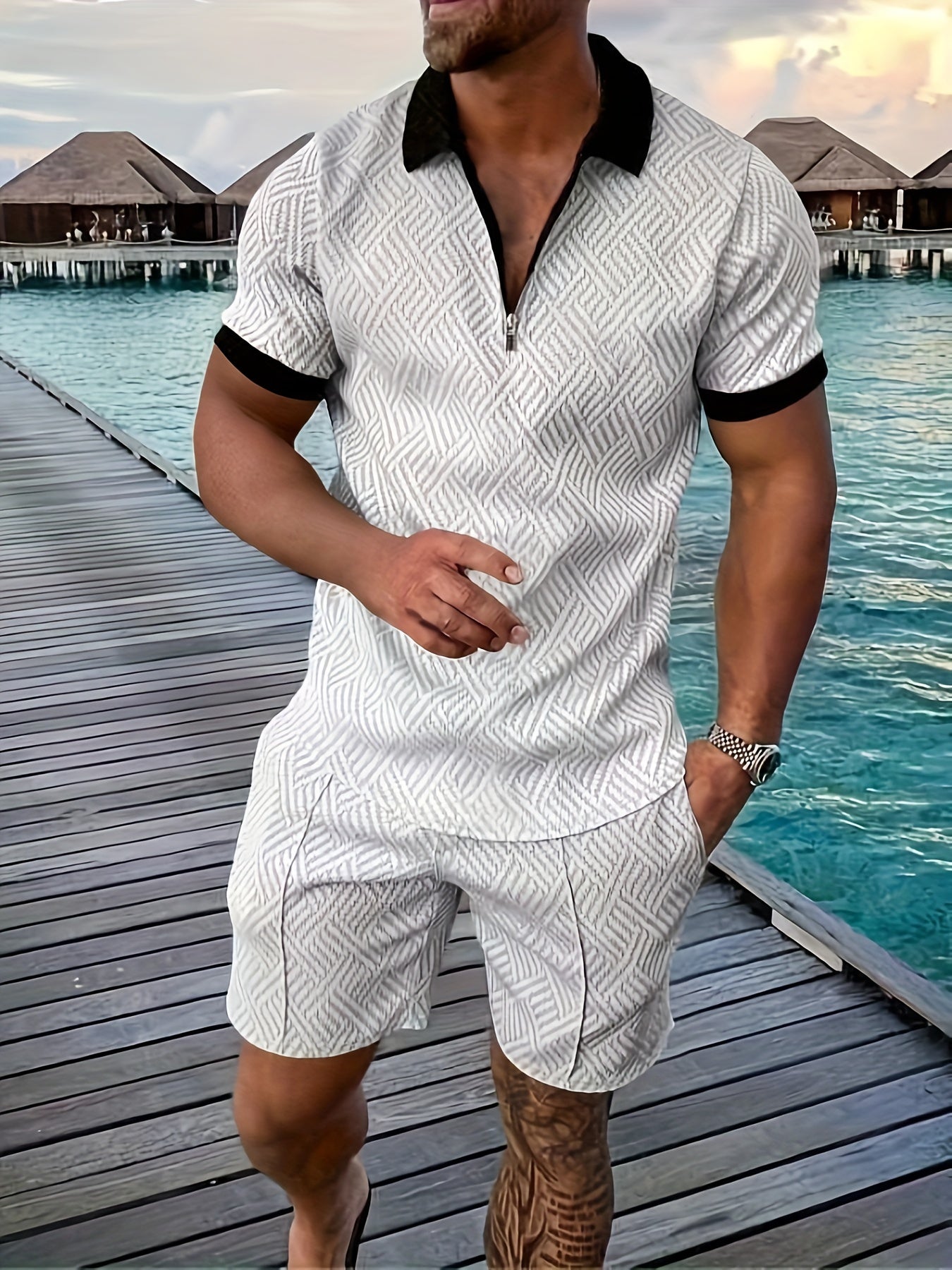 2Pcs Outfits For Men, Casual Short Sleeve Lapel Shirt And Drawstring Shorts Set For Summer, Men's Clothing For Vacation Workout