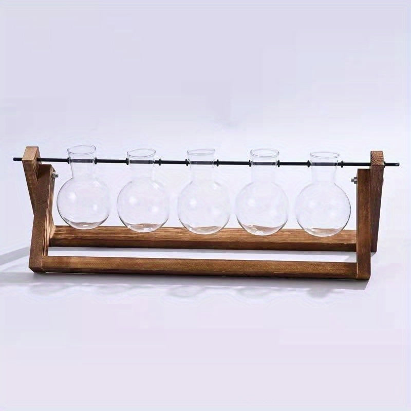 1pc, 5 Bulb Vase Plant Glass Container, With Wooden Frame, Indoor Living Hydroponic Plant Office Garden Planter