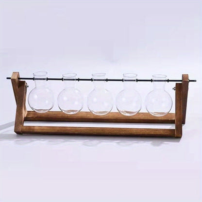 1pc, 5 Bulb Vase Plant Glass Container, With Wooden Frame, Indoor Living Hydroponic Plant Office Garden Planter