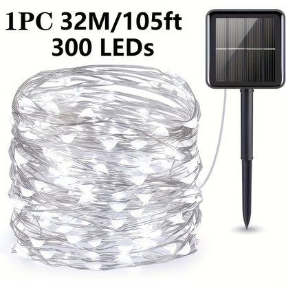 8-Mode Solar Powered Copper Wire Fairy Flower Wreath Lamp - Outdoor Garden Decorative Lighting for Christmas Wedding Party Tree Terraces - Durable Weather-Resistant Construction with Energy-Efficient LEDs