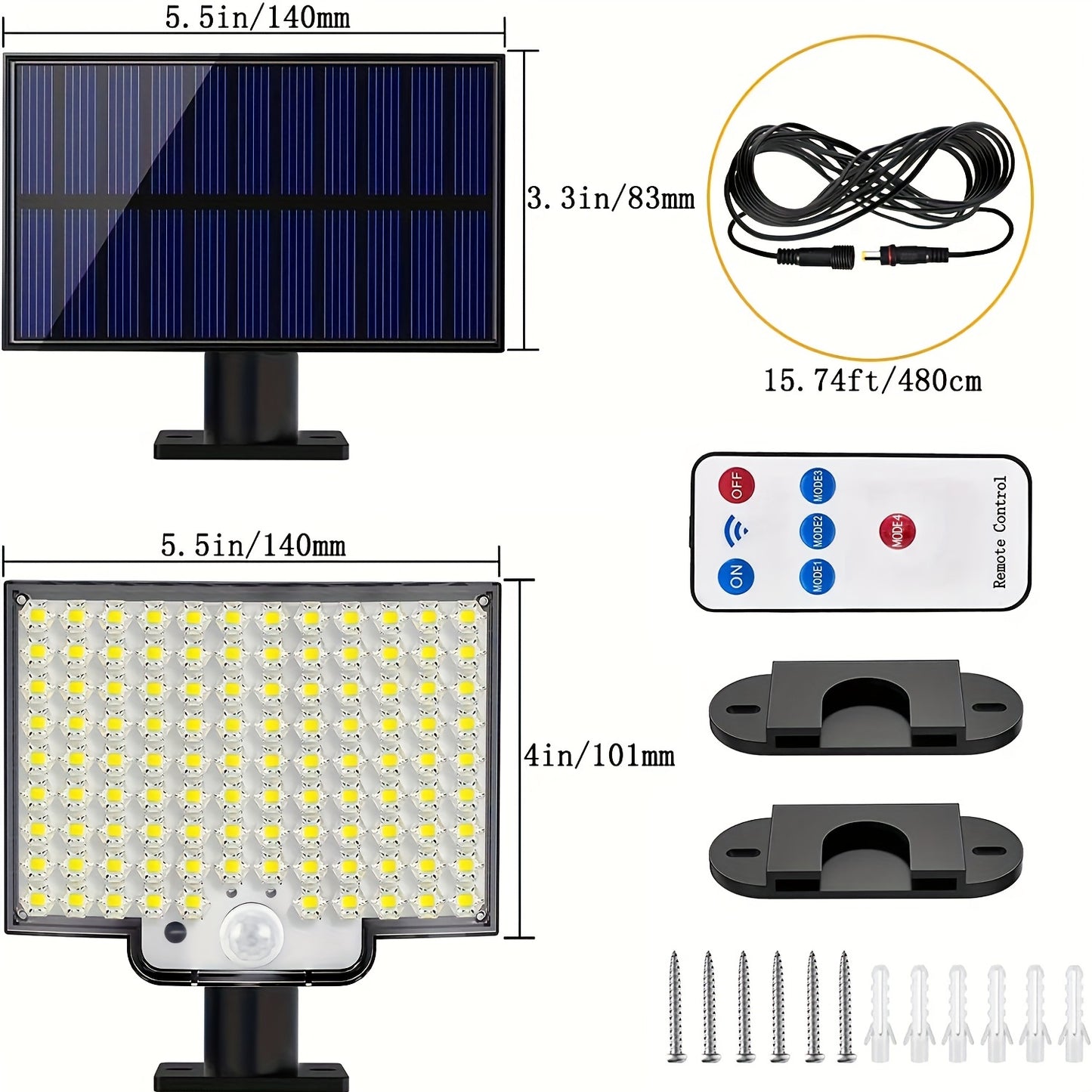 1pc Sunshine Outdoor 106LED Super Bright Motion Sensor Solar Power LED Garden Wall Light 4 Working Modes 5.5*4in