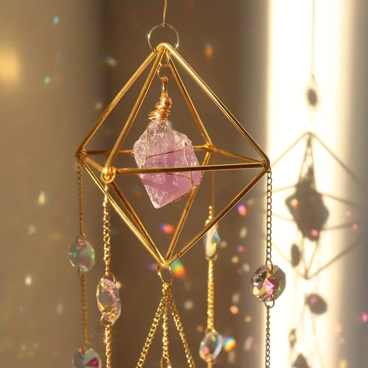 1pc Amethyst Crystal Suncatcher, Hanging Golden Plated Garden Sun Catcher For Windows, Healing Amethyst Crystal Decor For Home, Hanging Ornaments