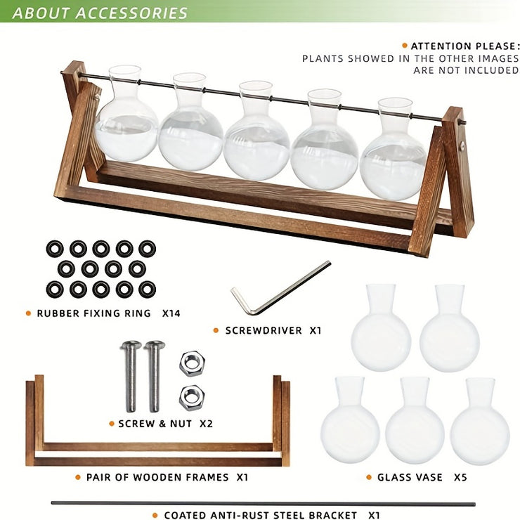 1pc, 5 Bulb Vase Plant Glass Container, With Wooden Frame, Indoor Living Hydroponic Plant Office Garden Planter
