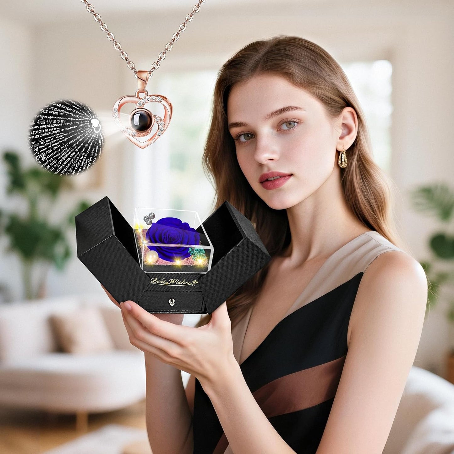 Light up Preserved Blue Rose Flower with Necklace,Birthday Gifts for Women,Christmas Rose Gifts for Her Mom Wife Grandma,Real Flower Mom Present for Women Christmas,Anniversary,Valentines