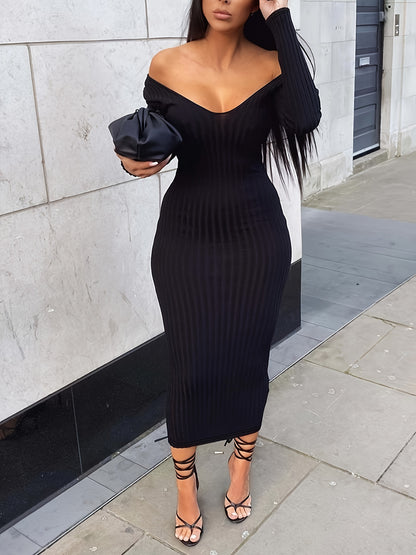 Off Shoulder Bodycon Dress, Elegant Backless Long Sleeve Dress, Women's Clothing