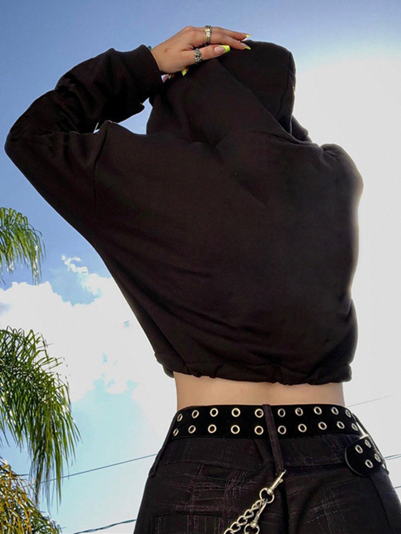 Gothic Drawstring Crop Hoodie, Long Sleeve Hoodies Sweatshirt, Women's Clothing