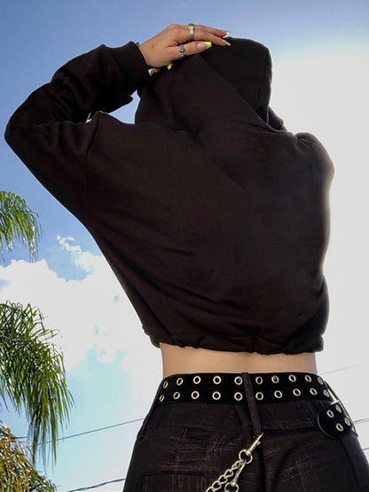 Gothic Drawstring Crop Hoodie, Long Sleeve Hoodies Sweatshirt, Women's Clothing
