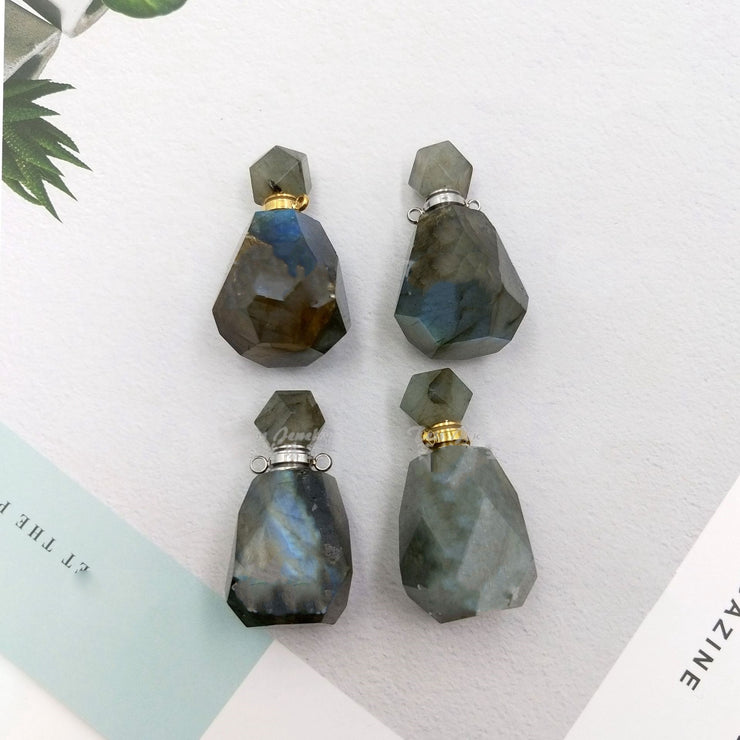 New Products Accessories Natural Labradorite Faceted Geometric Perfume Aromatherapy Essential Oil Bottle Pendant Necklace