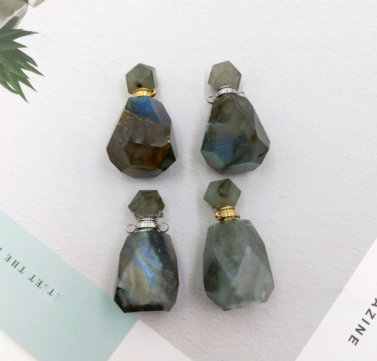 New Products Accessories Natural Labradorite Faceted Geometric Perfume Aromatherapy Essential Oil Bottle Pendant Necklace