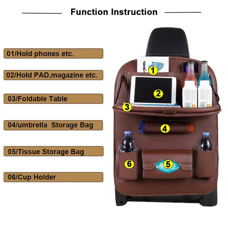 Car Seat Back  Pu Leather Pad Bag Car Storage Organizer Foldable Table Tray Travel Storage Bag Auto Accessories