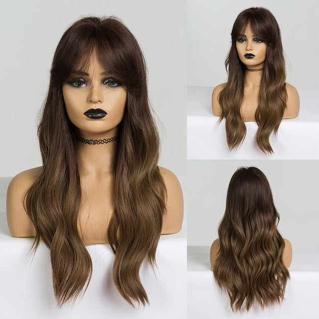 EASIHAIR Long Dark Brown Women&#39;s Wigs with Bangs Water