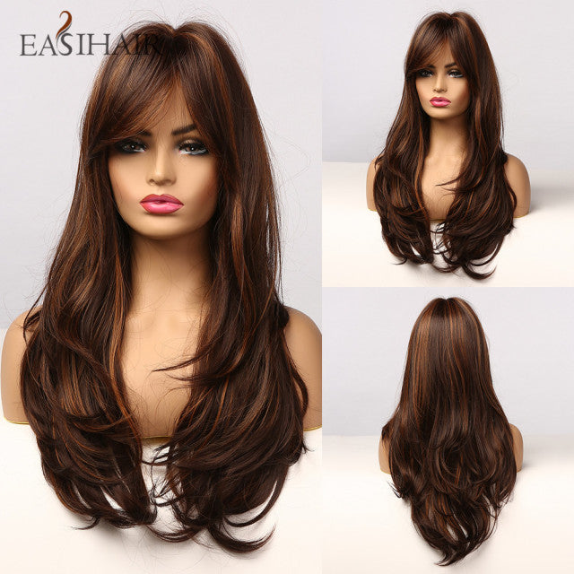 EASIHAIR Long Dark Brown Women&#39;s Wigs with Bangs Water