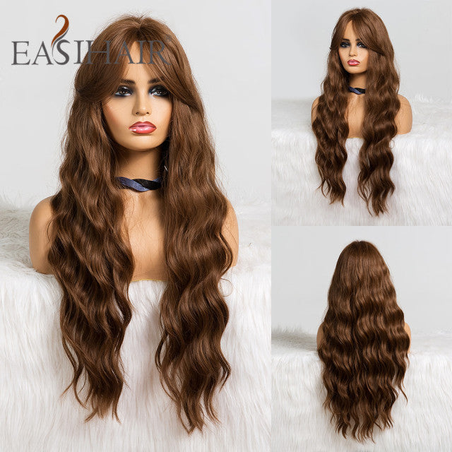 EASIHAIR Long Dark Brown Women&#39;s Wigs with Bangs Water