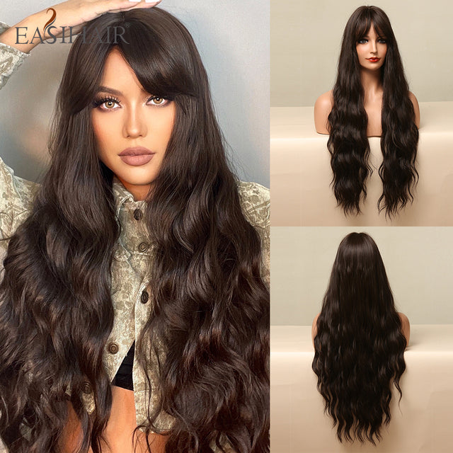 EASIHAIR Long Dark Brown Women&#39;s Wigs with Bangs Water