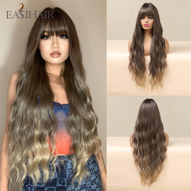 EASIHAIR Long Dark Brown Women&#39;s Wigs with Bangs Water