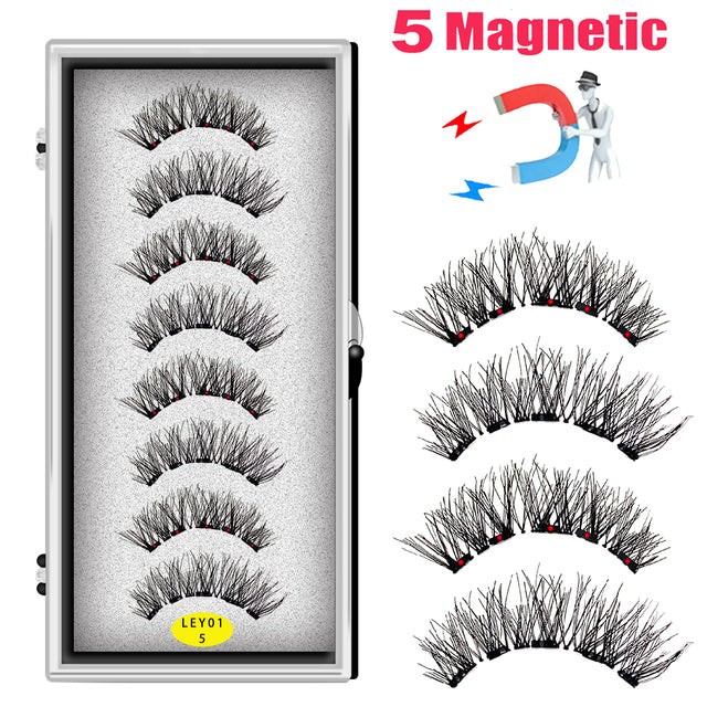 LEKOFO 8PCS 5 Magnets 3D Magnetic False Eyelashes Handmade Artificial Faux Cils Magnetic Natural Mink Eyelashes with Tweezers