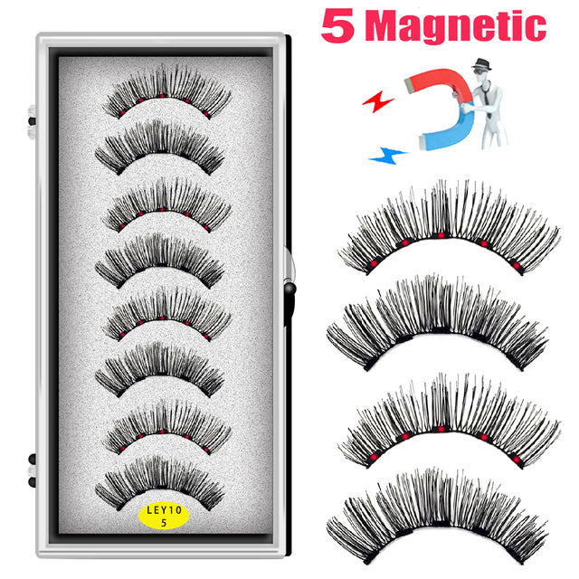 LEKOFO 8PCS 5 Magnets 3D Magnetic False Eyelashes Handmade Artificial Faux Cils Magnetic Natural Mink Eyelashes with Tweezers