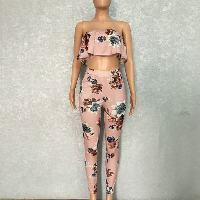 Sexy Strapless 2 Piece Set Floral Print Jumpsuit