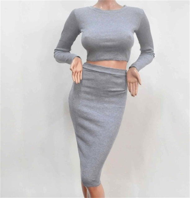 Women Long Sleeves Elastic Waist O-Neck Knee-Length Skinny Sexy