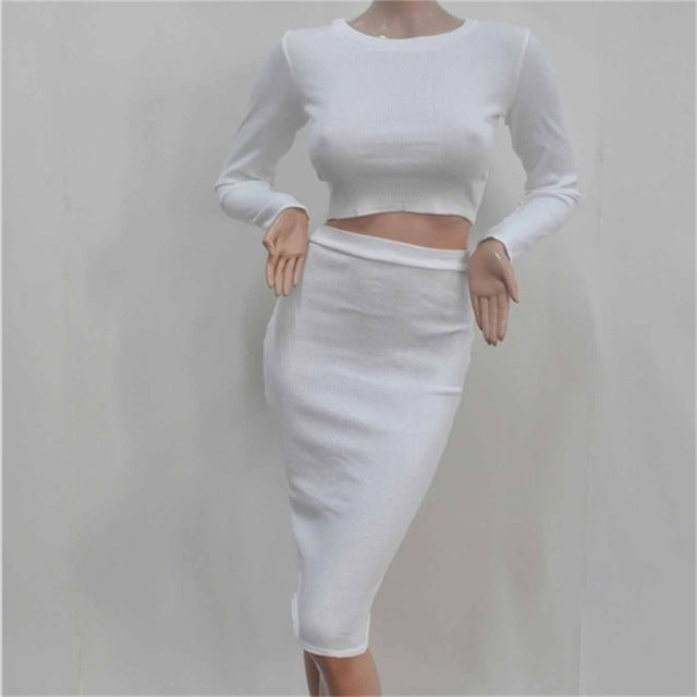 Women Long Sleeves Elastic Waist O-Neck Knee-Length Skinny Sexy