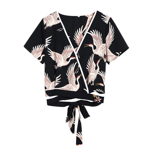 S-5XL Japan Kimono Style Crane Print Suit Set