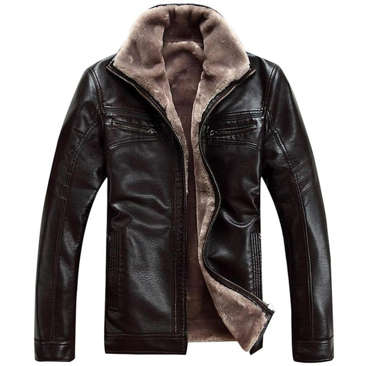 Winter Fashion Mens Faux Leather Fur Collar Leather Coat