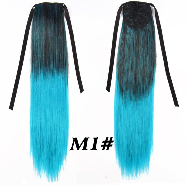 Leeons 20&#39;&#39; Synthetic Ponytail Hair pieces Heat Resistant Fiber Straight Ribbon Clip In Hair Extension 21 colors Brown Black